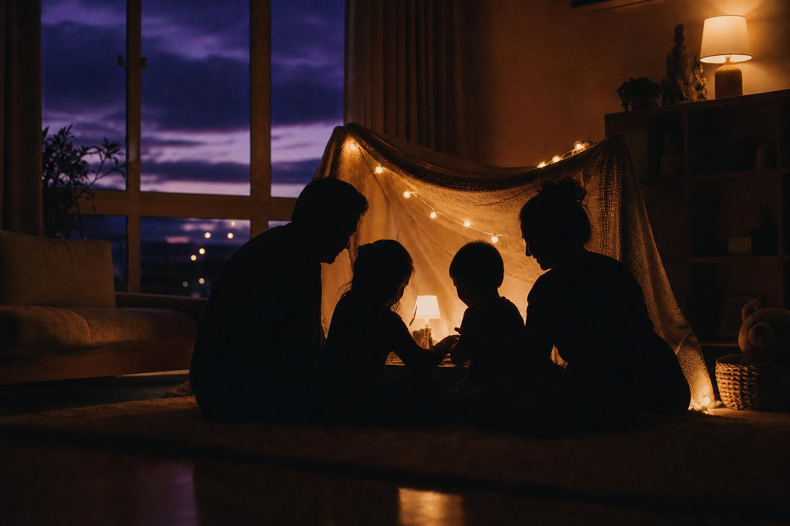 A cozy nighttime family activity shown in warm light as soft silhouettes with no identifiable faces.